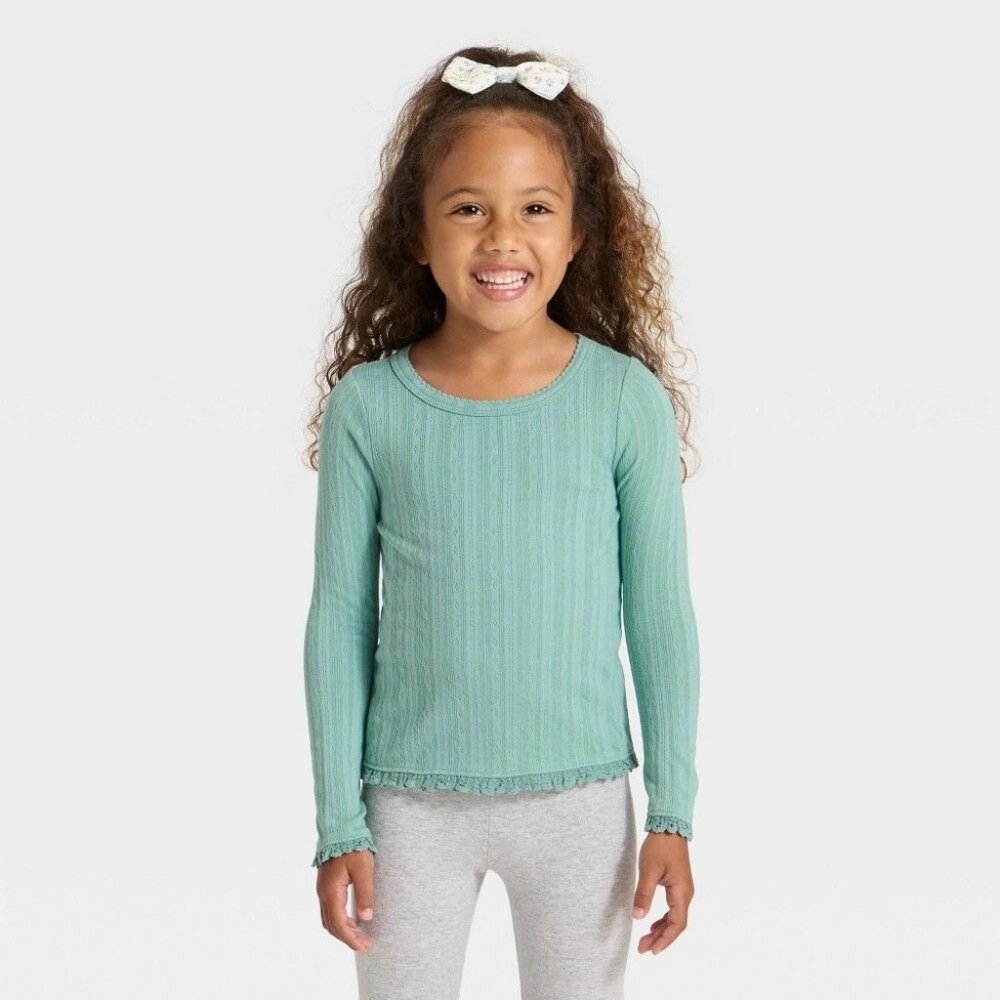 NWT Toddler Girls' Long Sleeve Pointelle T-Shirt - Cat & Jack Green 3T